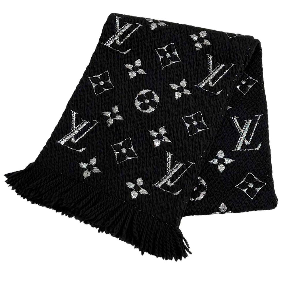 LOUIS VUITTON M75833 Echarpe Logomania Shine Wool Silk Blend Stole Scarf Blac...